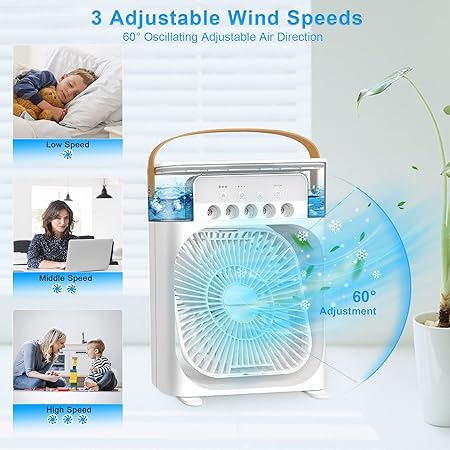 Portable Air Conditioner Fan, Personal Mini Small Evaporative Air Cooler Desktop Cool Mist Humidifier with 7 Colors LED Light, 1/2/3 H Timer, 3 Speeds & 3 Spray Modes for Room Office Home Travel (10 Inch)