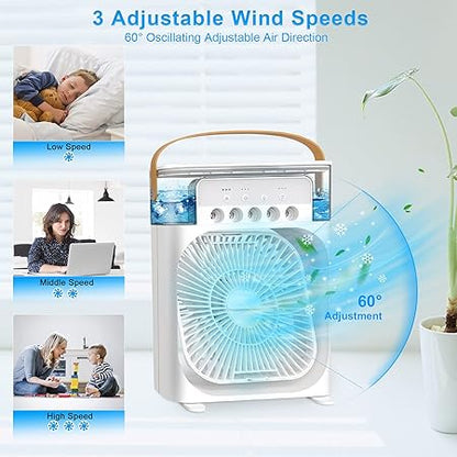 Portable Air Conditioner Fan, Personal Mini Small Evaporative Air Cooler Desktop Cool Mist Humidifier with 7 Colors LED Light, 1/2/3 H Timer, 3 Speeds & 3 Spray Modes for Room Office Home Travel (10 Inch)
