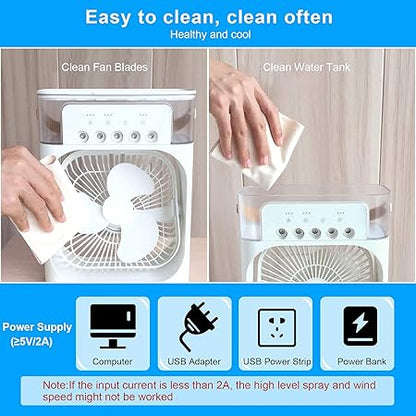 Portable Air Conditioner Fan, Personal Mini Small Evaporative Air Cooler Desktop Cool Mist Humidifier with 7 Colors LED Light, 1/2/3 H Timer, 3 Speeds & 3 Spray Modes for Room Office Home Travel (10 Inch)